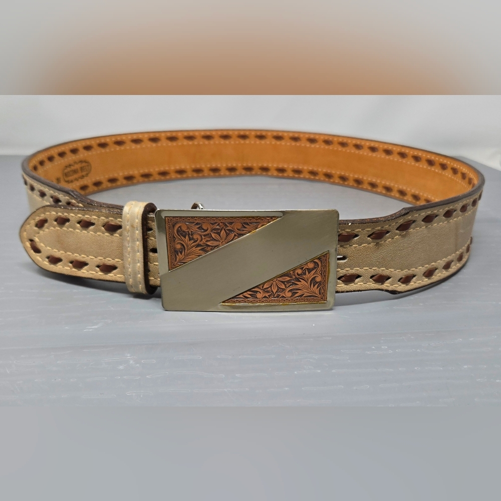 Vintage Mens Nocona Light Tan Leather Belt W/ Brown Buckstitch & Belt Buckle 38"